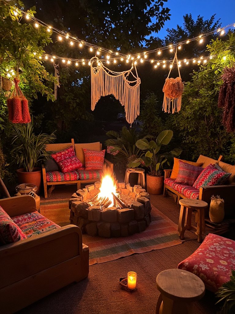 boho fire pit lounge setup