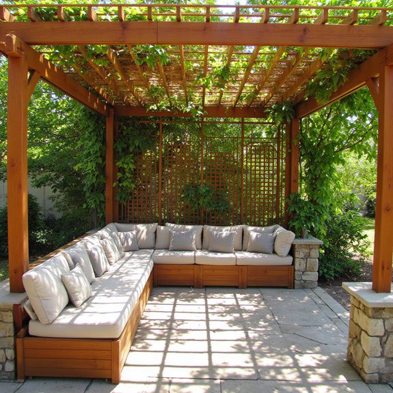 cozy built in seating pergola
