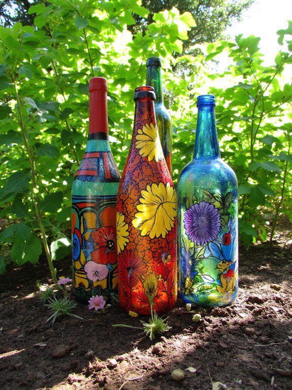 painted garden bottle sculptures