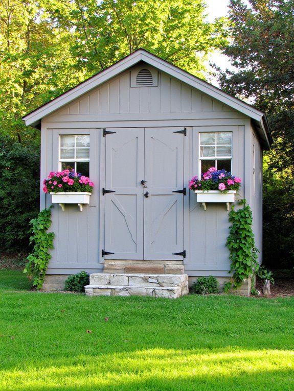 rustic shed with flower boxes