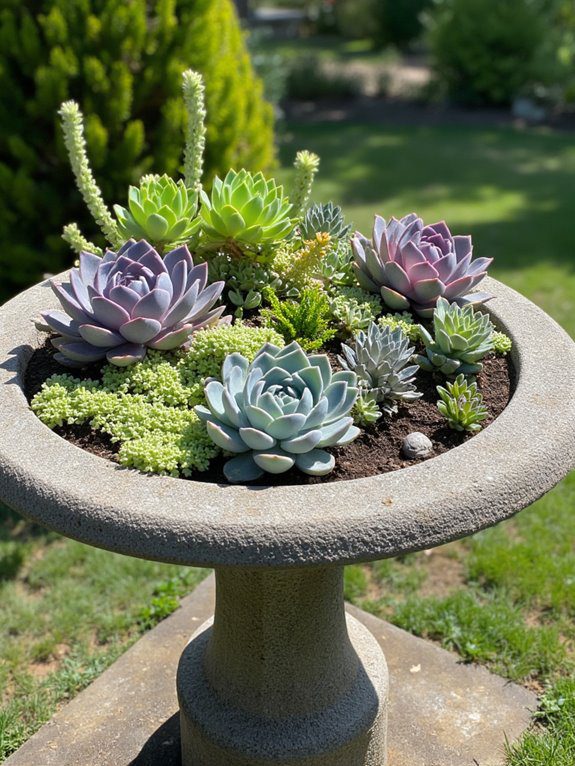 succulent filled bird bath garden