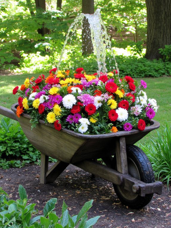 whimsical wheelbarrow flower fountain