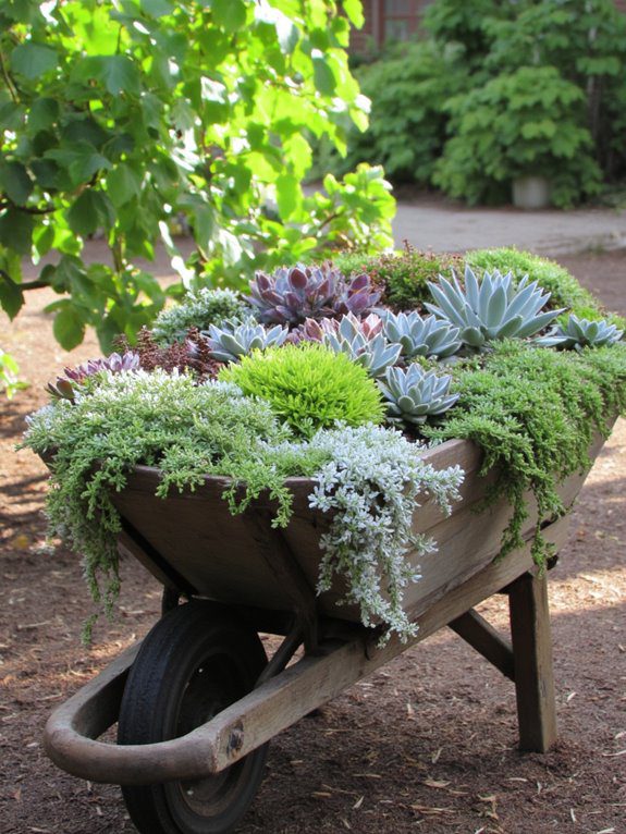 whimsical wheelbarrow succulent garden