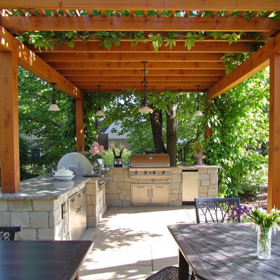 wooden pergola enhances outdoor kitchen