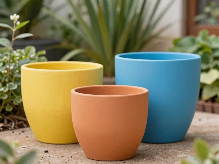 brightly painted color blocked pots