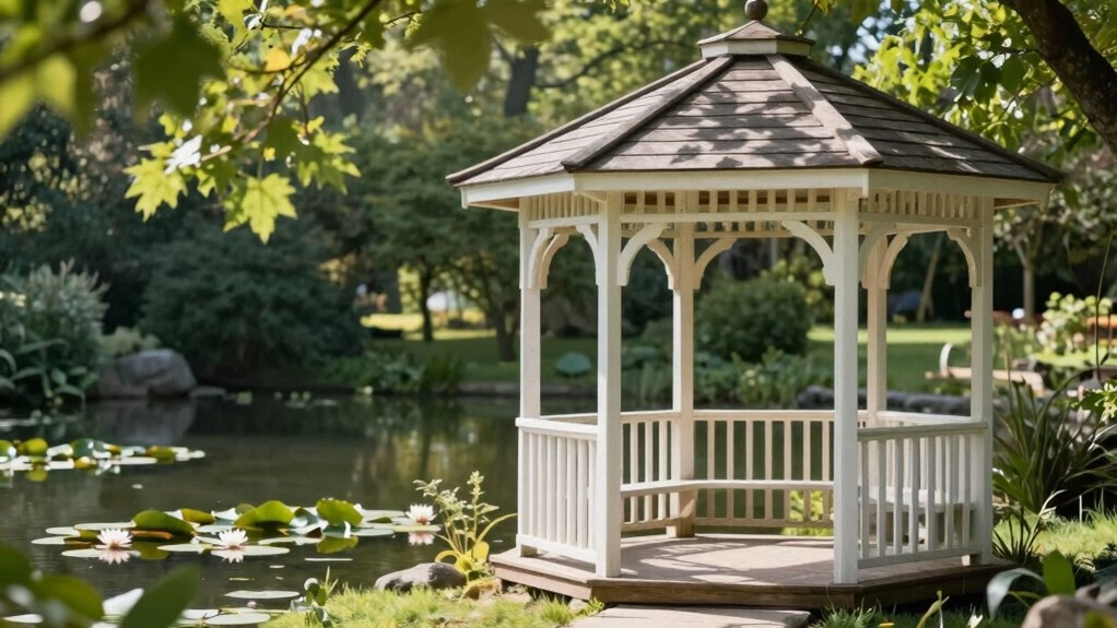 gazebo near reflective water