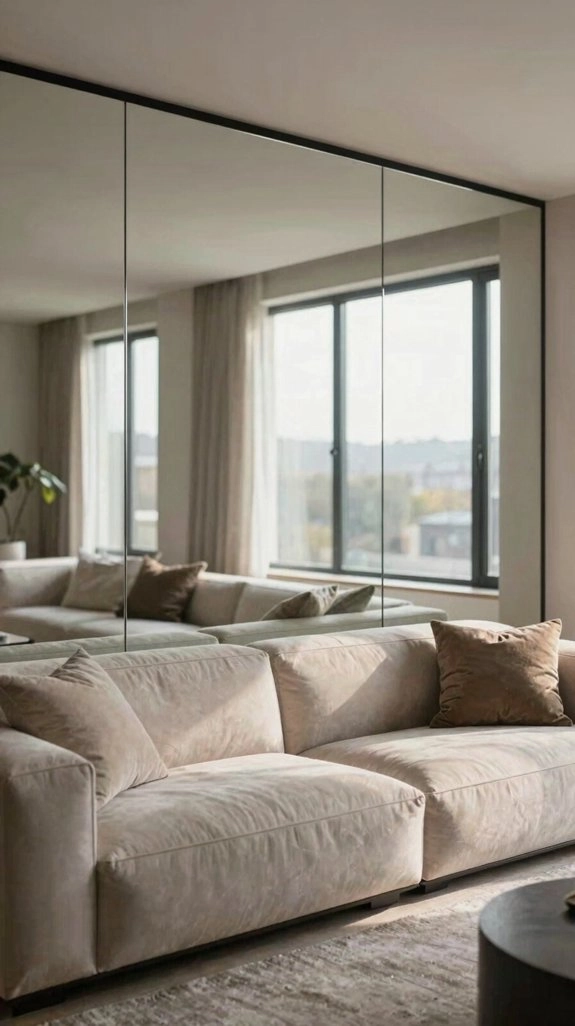 mirror panels behind sofa
