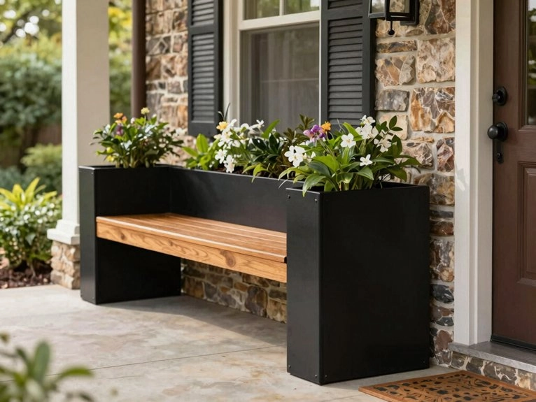 narrow teak planter bench seating