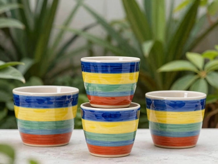 painted rainbow striped clay pots