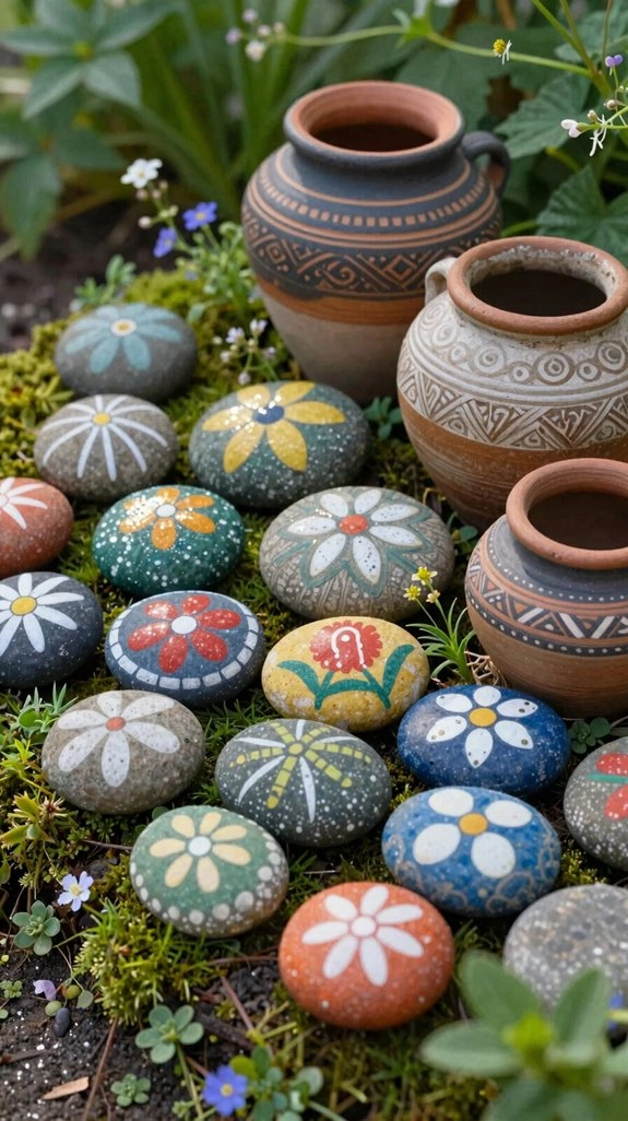 painted stones with pottery accents