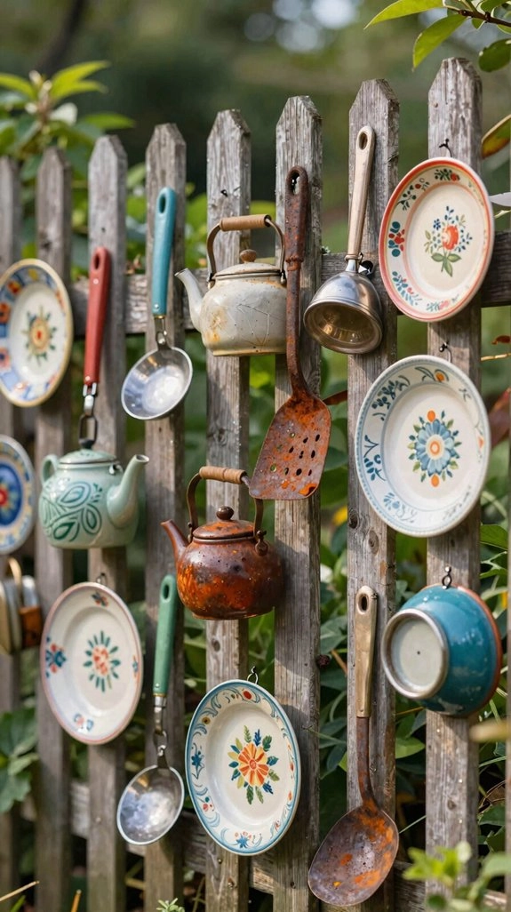 repurposed cookware fence art decor