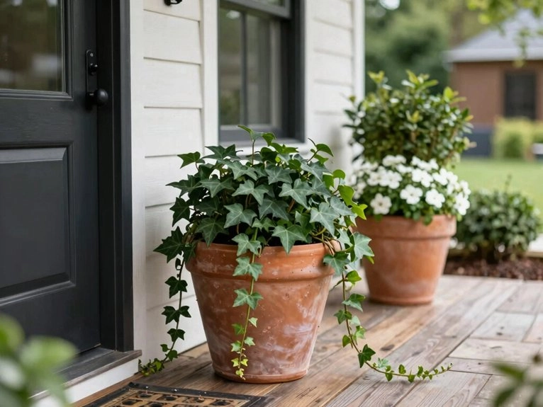 slim matched planters flank doorway