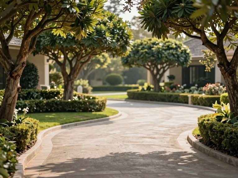 specimen trees framing driveway center