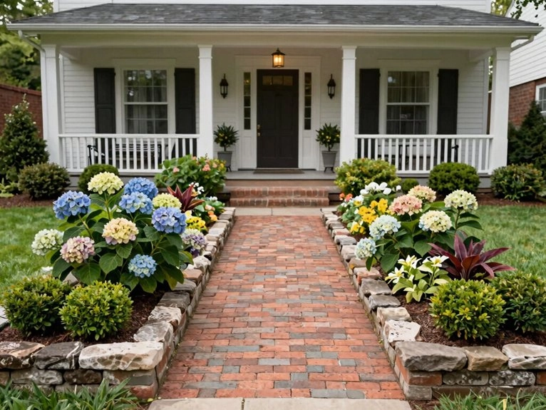 symmetrical formal front yard plantings