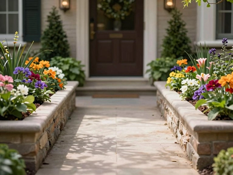 symmetrical raised beds framing entry