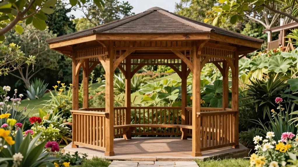 timber gazebo on sloped yard