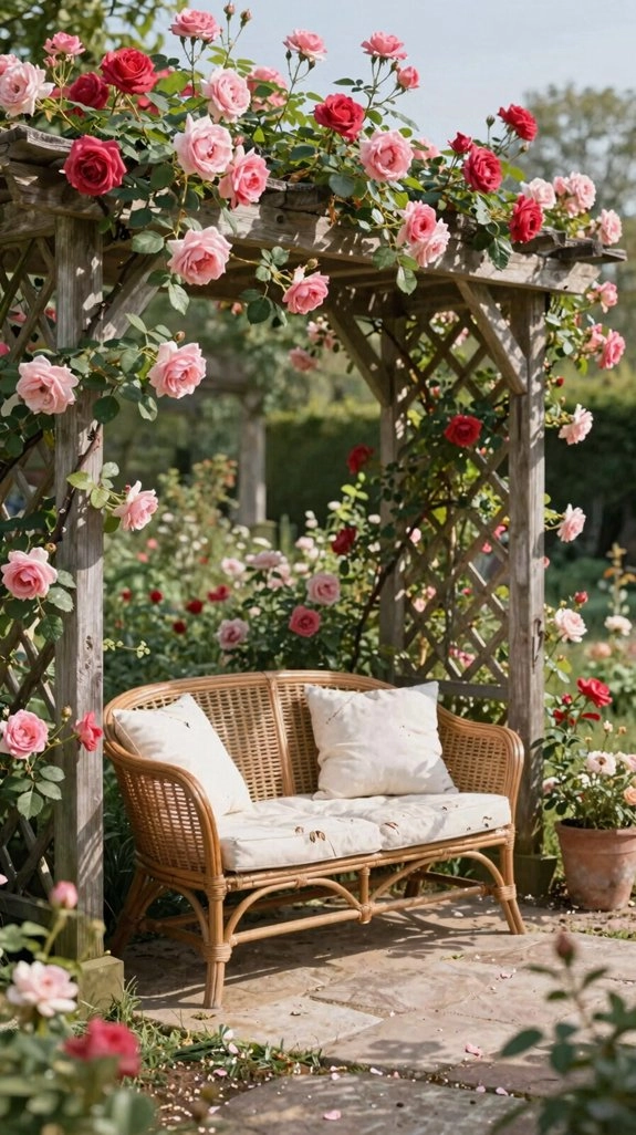 wrought iron bench rose pergola