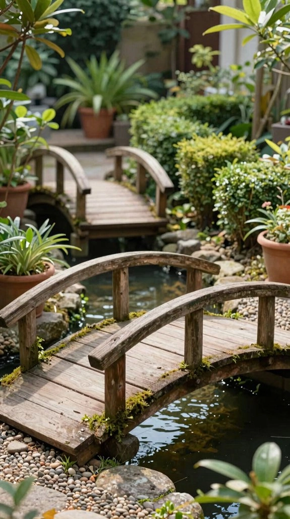 arched bridge creates garden depth