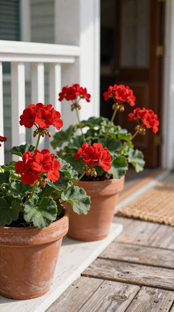 bright red geranium container display