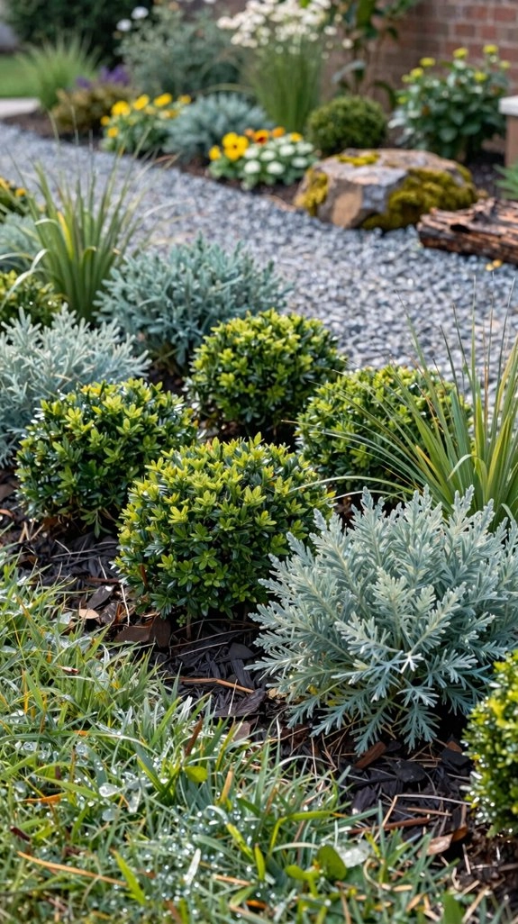 evergreen texture with hardy grasses