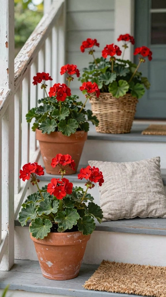 faux red geranium porch styling