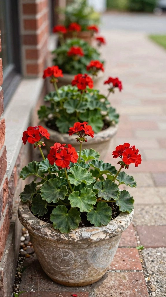 red geranium front walk border