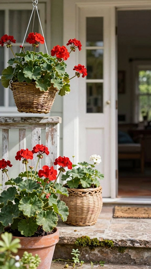 red geranium porch hanging baskets