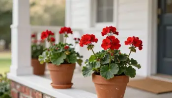 red geraniums brighten porch