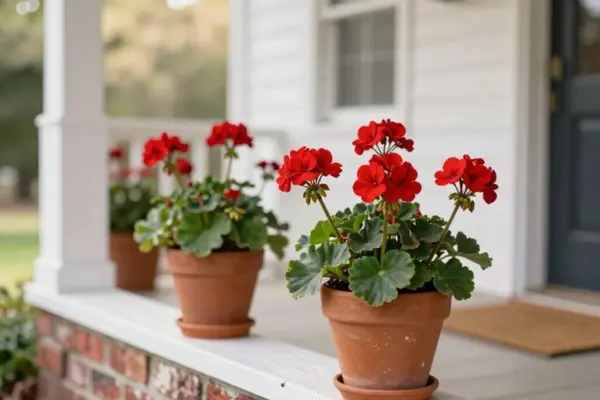 red geraniums brighten porch
