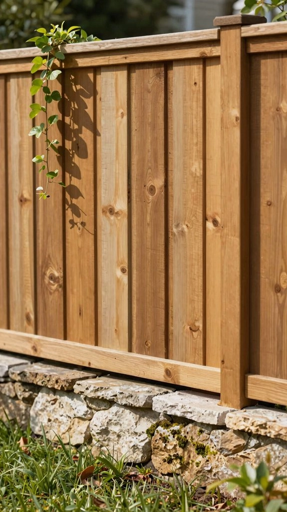 wood fence stone and greenery