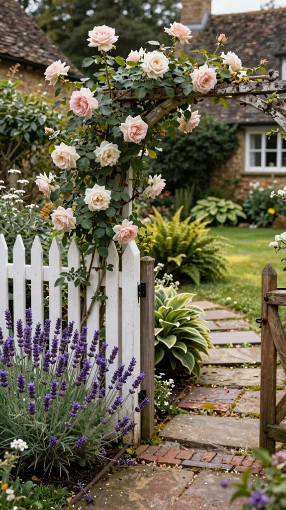 climbing roses on picket fences