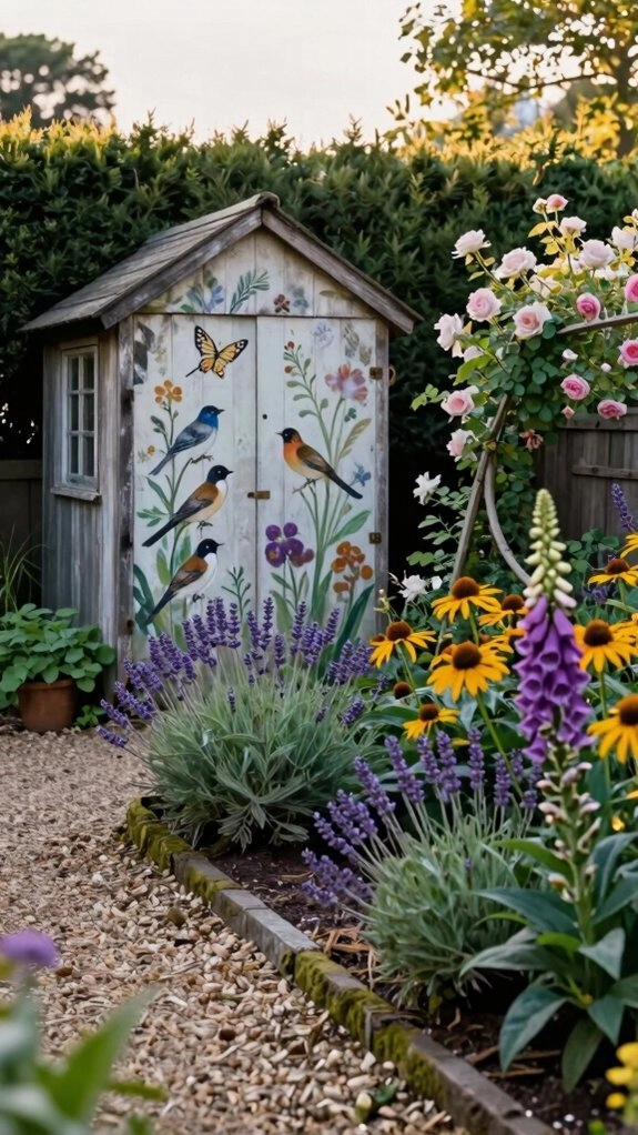 colorful birds and butterfly mural