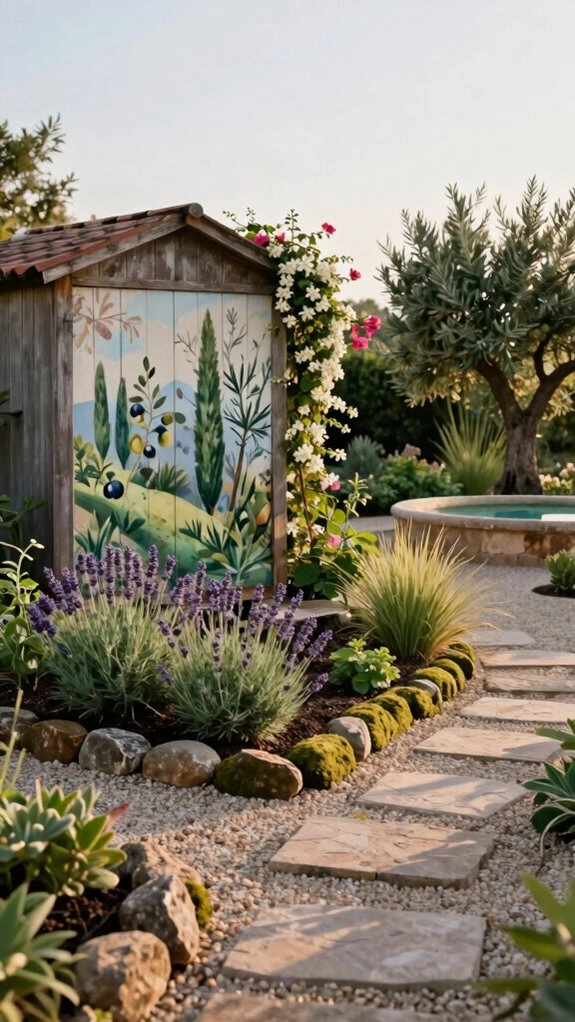 layered botanical mural shed