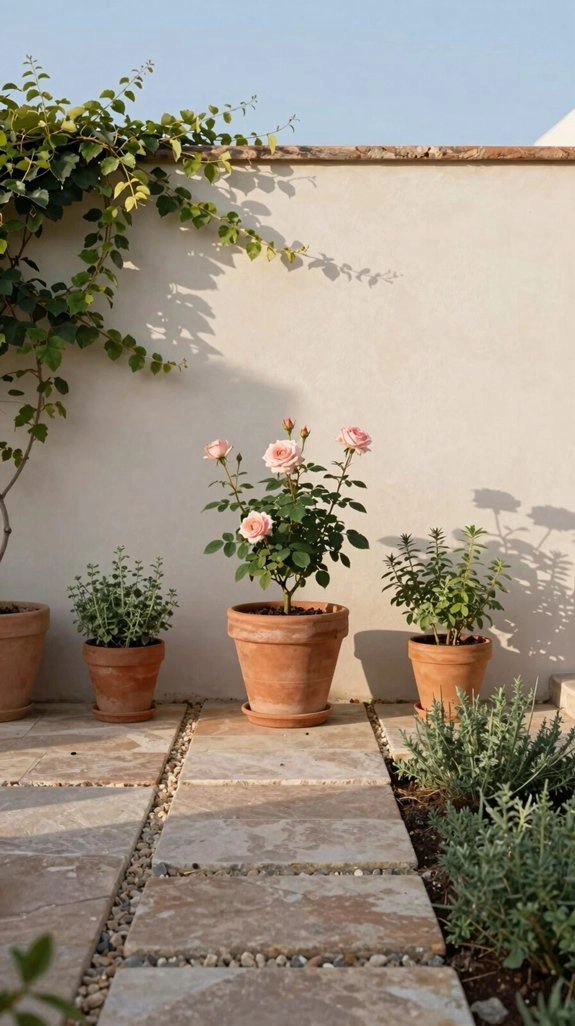 mini roses in drainage pots
