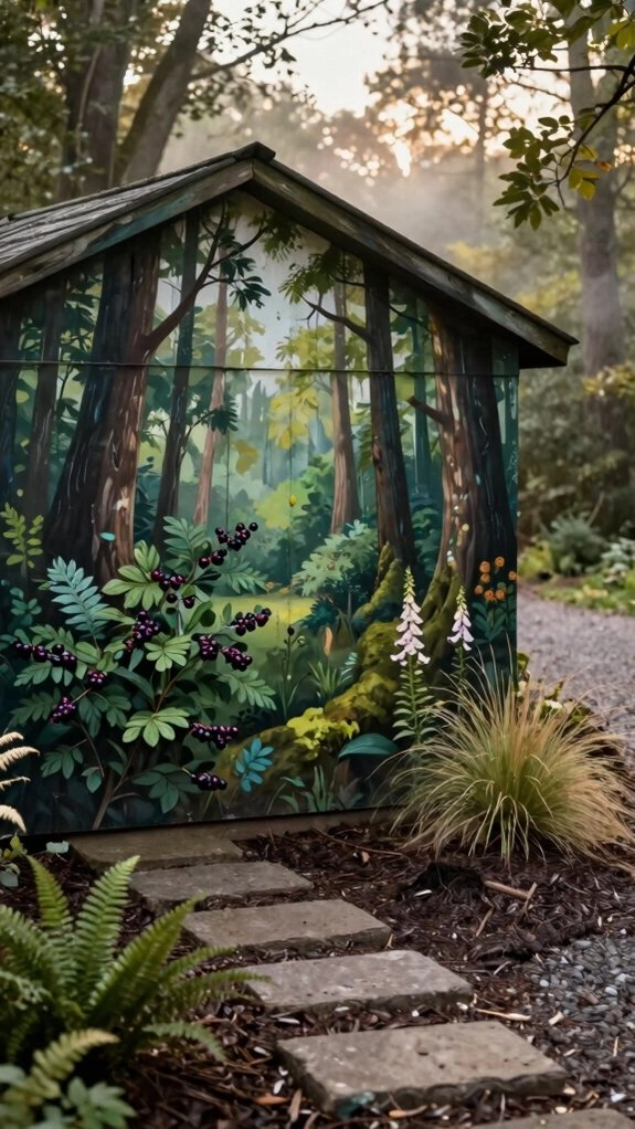 moody forest woodland shed mural