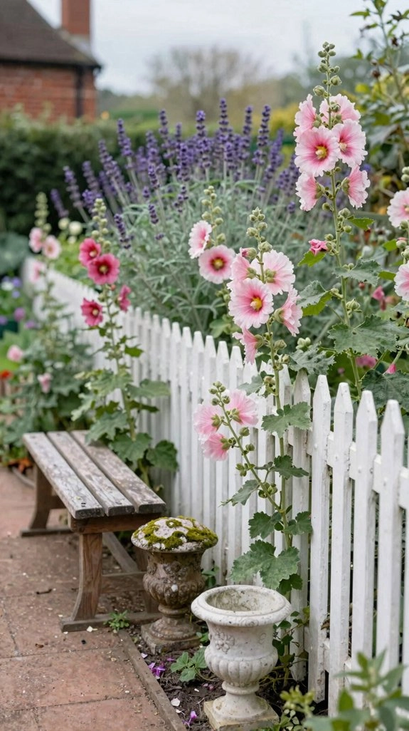 narrow border tall hollyhocks