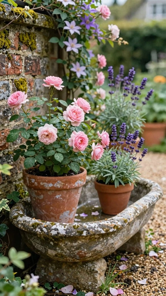repurposed pots for cottage garden
