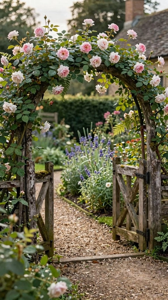 rose arched rustic gate welcome
