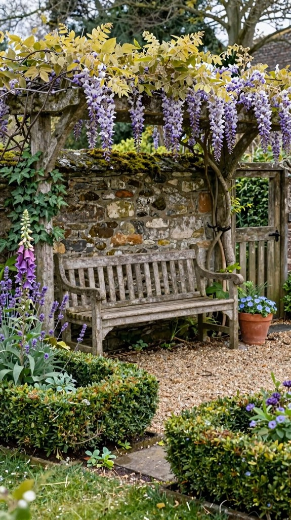 rustic bench in secret garden
