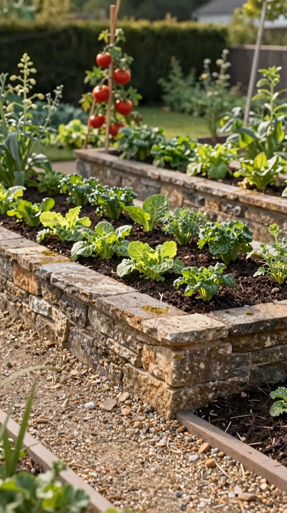 stone framed raised garden beds