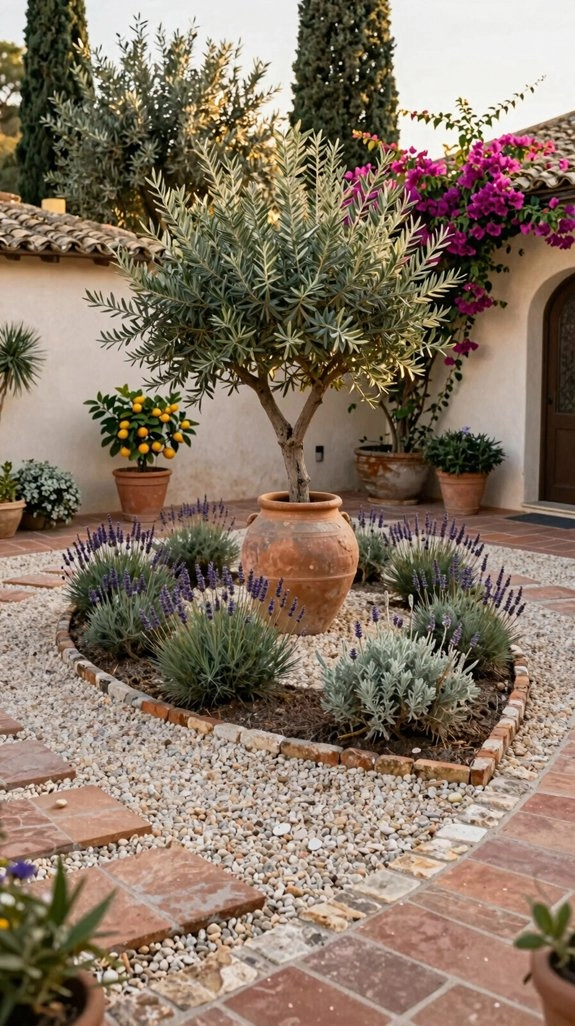 sunlit pea gravel patio