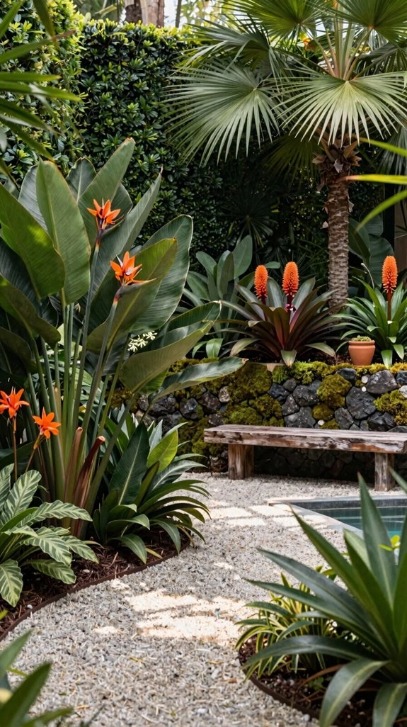 tropical blooms and dramatic foliage