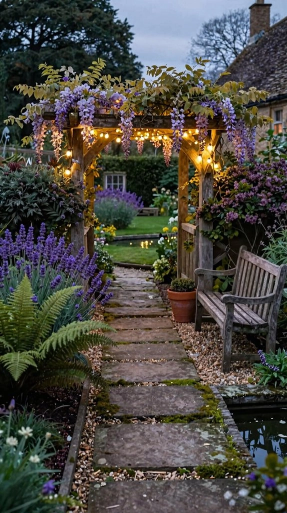 warm fairy lights along paths